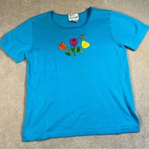 The Quacker Factory Tee Spring Embroidered Beaded Sequin Easter Floral Blue Med